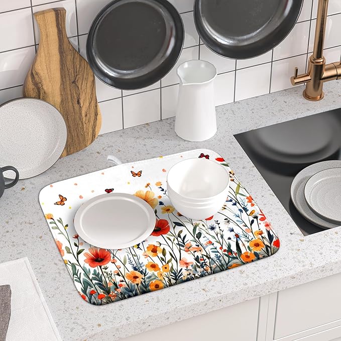 Poppy Flower Dish Drying Mat 16x18 Inch Floral Leaves Dish Drainer Protector Pad Washable Reversible Drying Pad for Kitchen Counter Sink