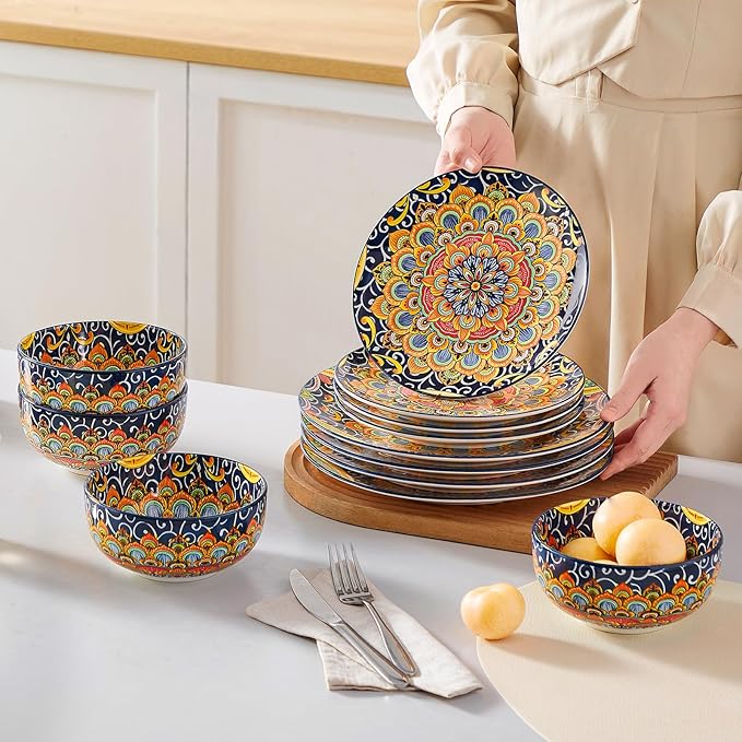 vancasso 12 Pieces Dinnerware Sets, Dark Green Plates and Bowls Set, Porcelain Dishes Set for 4, Microwave and Dishwasher Safe, Scratch Resistant, Bohemian Style Dining Ware Service for 4, Series SIMI