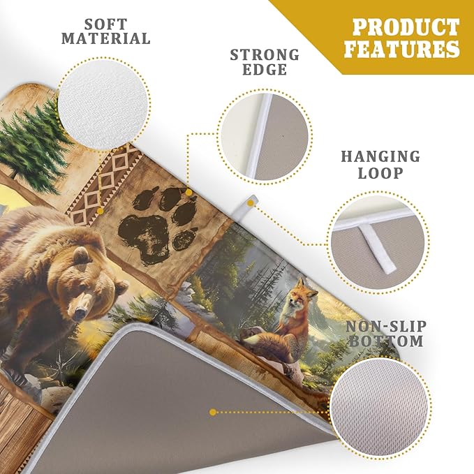 Bear Deer Fox Dish Drying Mat Rustic Cabin Lodge Dish Drainer Mats 18x24 Inch Absorbent Washable Dishes Rack Pad for Sink Kitchen Counter