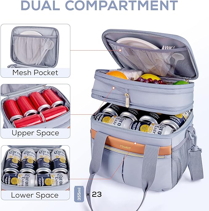 TOURIT Insulated Lunch Box Bag, Double Deck Leakproof Cooler Tote for Work Office Picnic, Expandable Lunch Container, Grey