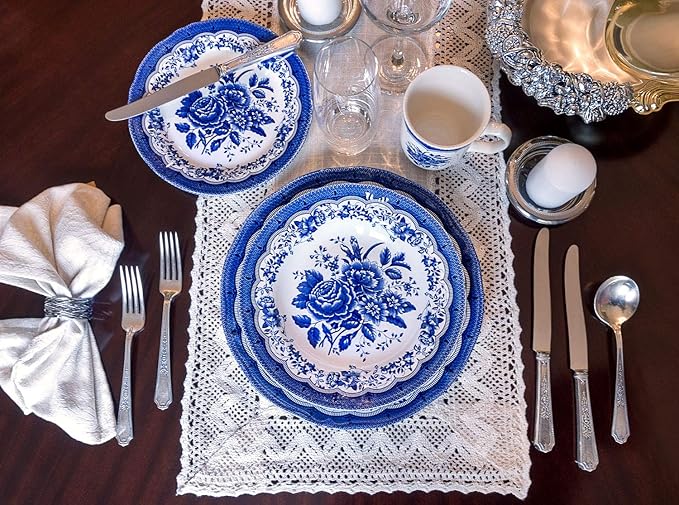 Tudor Royal 24-Piece Porcelain Round Dinnerware Set, Service for 6, Victoria Blue Design, Blue Floral, Plates Bowls Mugs Dishes, Glossy, Premium Quality Tableware, Unique Pattern