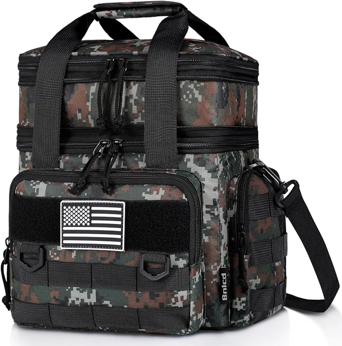 Tactical Lunch Box for Men, Expandable Large Insulated Lunch Bag for Adult, Heavy Duty Double Deck Lunch Cooler Bag with Shoulder Strap, Leakproof Soft Lunch Pail with American Flag - Green Camo