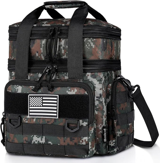 Tactical Lunch Box for Men, Expandable Large Insulated Lunch Bag for Adult, Heavy Duty Double Deck Lunch Cooler Bag with Shoulder Strap, Leakproof Soft Lunch Pail with American Flag - Green Camo