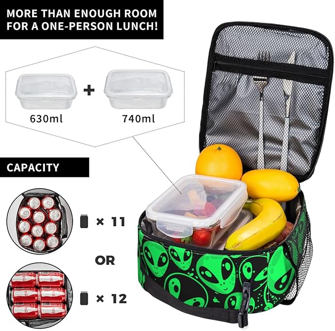 Alien Dress Green Aliens Face Insulated Lunch Box For Women Man, Portable Lunch Bag Reusable Cooler Tote For Office Work Travel Picnic Camping Beach
