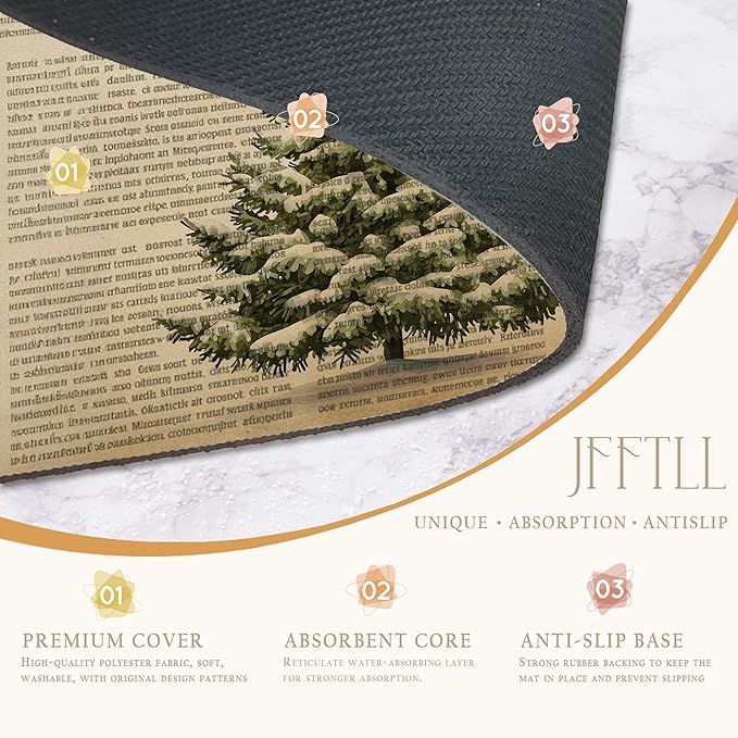 Vintage Christmas Tree Dish Drying Mat, Retro Spruce Xmas Tree Newspaper Absorbent Dish Drainer Reusable Washable Drying Mat Pad for Kitchen Counter, Rustic Christmas Decor, 12×15 Inch