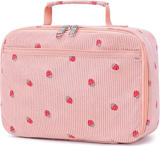 Bluboon Kids Girls Corduroy Pink Strawberry Lunch Box for School