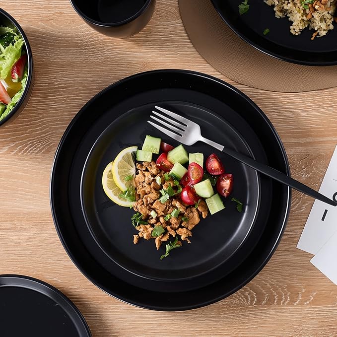 Stone Lain Jules Modern Stoneware 32-Piece Round Black Dinnerware Set, Plates and Bowls Sets, Dish Set for 8, Black