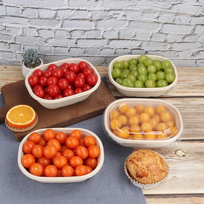 25 oz Disposable salad bowls with lids, Sugarcane Fiber Paper Bowls take away Bagasse food containers meal prep deli container 50 Pack