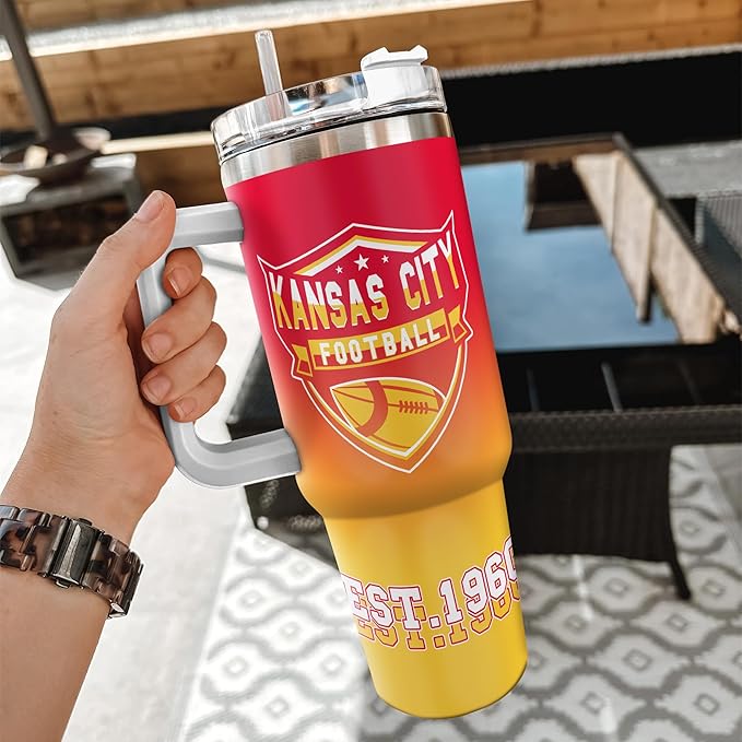 Personalized Football Insulated Travel Cup with Handle & Straw, 40oz Stainless Steel Tumbler, Custom Name & Number Mug, Tailgating Gift for Fans (Kansas City)