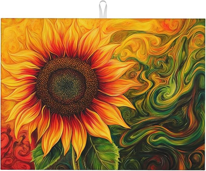 Watercolor Sunflower Dish Drying Mat for Kitchen Counter Microfiber Super Absorbent Non-Slip Dish Drying Pad for Countertops Dishes Utensils Stylish Quick-Dry Machine Washable 18x24 Inch