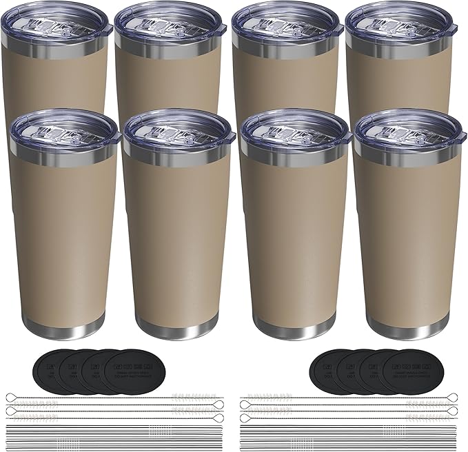 Travel Coffee Tumbler 20oz, 8 Pack Leakproof Travel Coffee Mug with Lid and Straw, Stainless Steel Double Wall Vacuum Insulated Tumbler for Hot/Iced Drinks (Textured Matte, Brown)