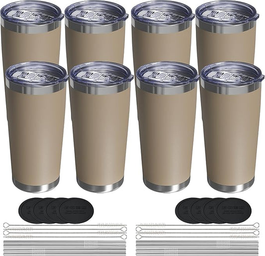 Travel Coffee Tumbler 20oz, 8 Pack Leakproof Travel Coffee Mug with Lid and Straw, Stainless Steel Double Wall Vacuum Insulated Tumbler for Hot/Iced Drinks (Textured Matte, Brown)
