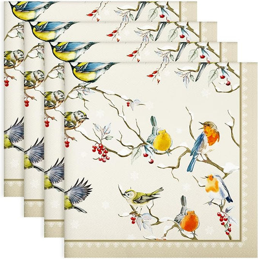 Winter Birds Napkins, 18×18 Inch Vintage Dinner Cloth Napkins Set of 4, Washable Cotton Soft Absorbent Square Napkins for Dining Kitchen Party Wedding Decoration