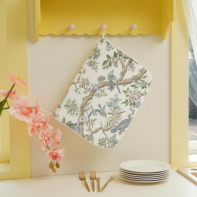 Chinoiserie Dish Drying Mat 18x24 Inches For Kitchen Counter Blue Green Birds Floral Kitchen Decoration Drying Mat Decorative Flower Drying Pad for Kitchen Dining Room Decor