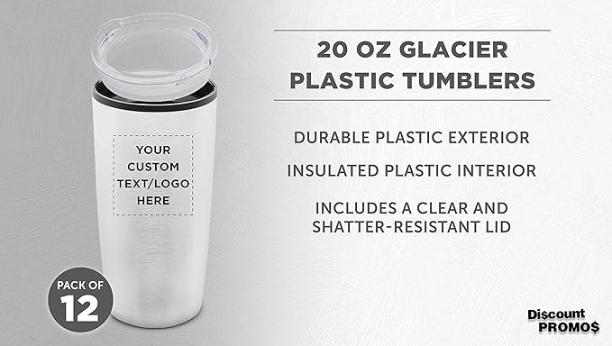 Custom Plastic Tumblers 20 oz. Set of 12, Personalized Bulk Pack - With lids, Ice Coffee Tumbler, To Go Cup, Insulated - Silver