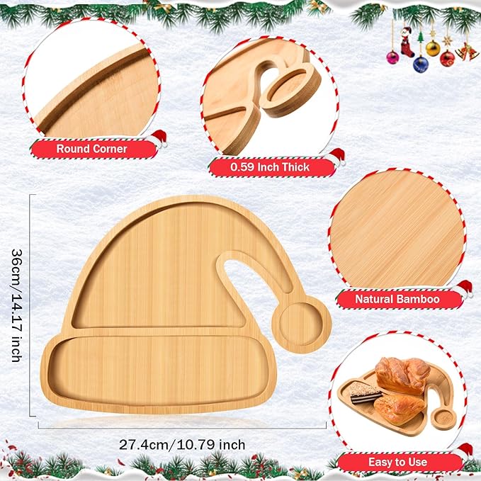 AWIZOM Christmas Hat Wooden Serving Tray Christmas Bamboo Platter Santa Hat Shape Wooden Charcuterie Board Wood Snack Dish Plate for Xmas Holiday Housewarming Present,14.17x10.79x0.59 Inch
