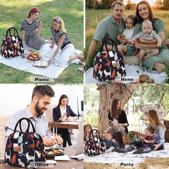 BALORAY Lunch Bag for Women Men Cute Reusable Insulated Lunch Box Large Capacity Lunch Tote Bag for Work, Picnic or Travel(Dark Blue With Cat)