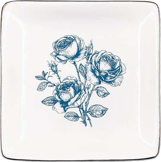 Blue Rose Floral Jewelry Tray, Vintage Flower Ceramic Jewelry Dish Tray for Rings & Earring for Graduation Gifts, Preppy Ring Dish, Chinoiserie Trinket Dish for Women Friends Sister Accessories