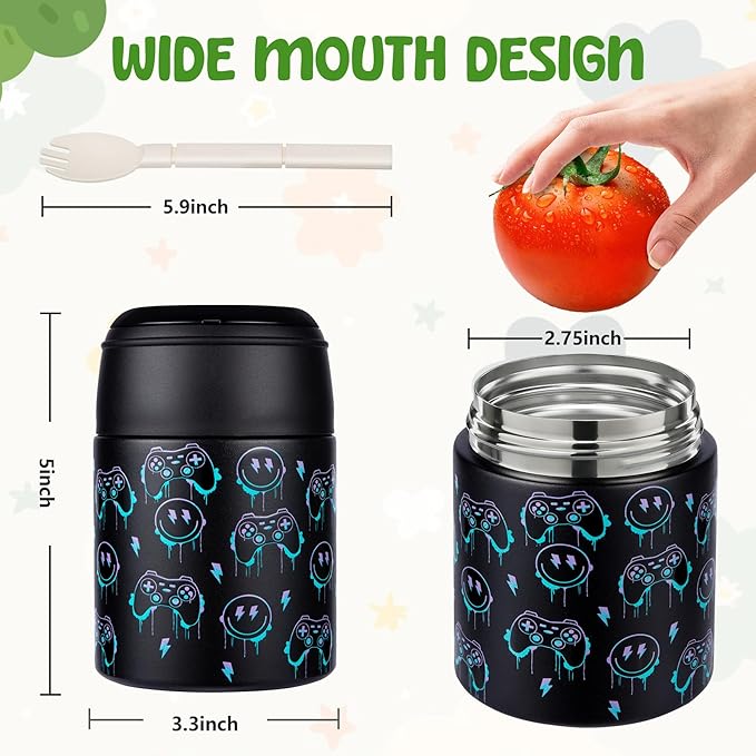 10oz Soup Thermo for Hot Food Kids Insulated Food Jar with Spoon Wide Mouth Stainless Steel Lunch Container Leak Proof Vacuum Food Box for School Travel Picnic Black Game