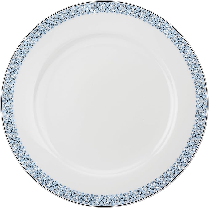 Portmeirion Home Mallorca 16 Piece Porcelain Dinnerware Set with Blue Geometric Border, 4 Place Settings - Ideal for Weekday Meals, Casual Brunches, Relaxed Dinner Parties, Small Family Celebrations