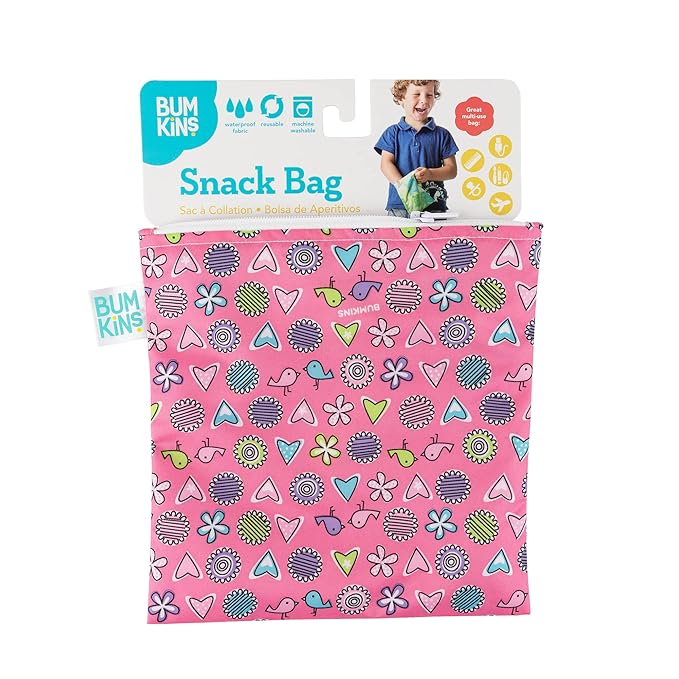 Bumkins Reusable Sandwich and Snack Bags, for Kids School Lunch and for Adults Portion, Washable Fabric, Waterproof Cloth Zip Bag, Travel Pouch, Food-Safe Storage, Large, Love Birds Pink
