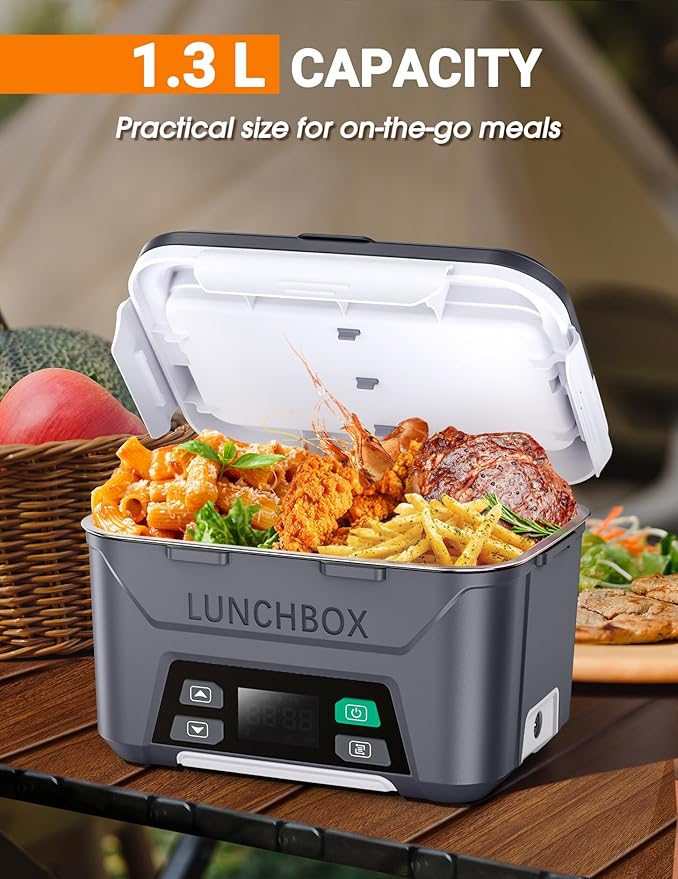 Rechargeable Heated Lunch Box for Men, 1.3L Cordless Electric Lunch Box for Adults with Scheduled Heating, Portable Food Warmer with Large Bag, Cutlery, Removable Divider