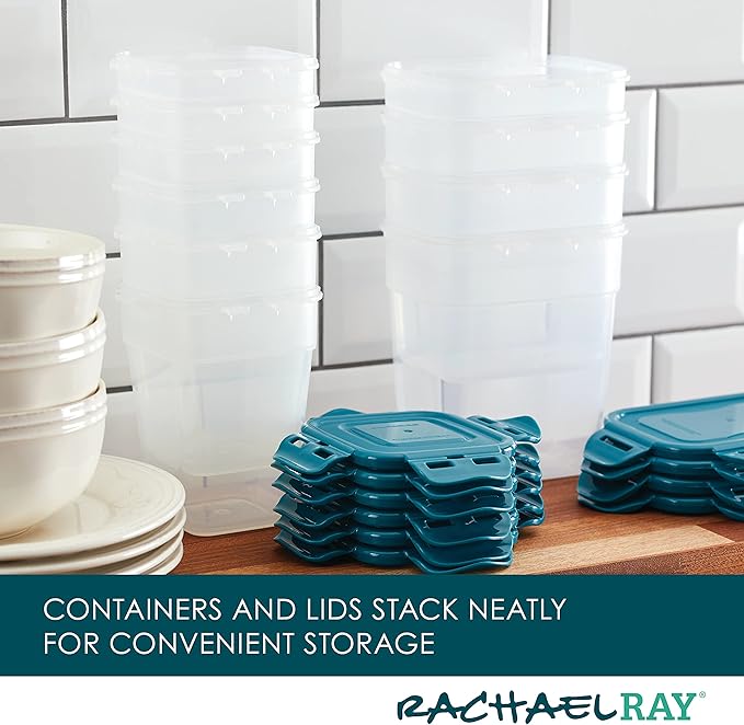 Rachael Ray Leak-Proof Stacking Container Food Storage Bin Set, 20-Piece, Clear with Teal Lids
