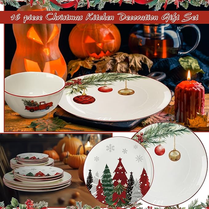 LemonRoad 18 Pcs Christmas Dinnerware Set Serve for 6 Guest Ceramic Christmas Dishes Xmas Tableware Collection Holiday Plates and Bowls Set for Festive Party Kitchen Decoration