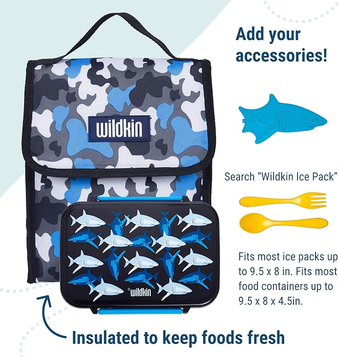 Wildkin Kids Insulated Lunch Bag – Reusable, Ideal for Hot/Cold Snacks, School & Travel - Blue Camo