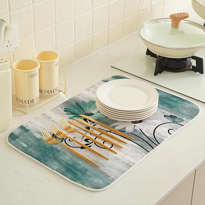 Rustic Daisy Floral Dish Drying Mats 18x24 Inches for Kitchen Counter Vintage Teal Blue Kitchen Decorations Drying Mats Seasonal Outdoor Decor Mat Drying Pad for Office Dining Room Decor