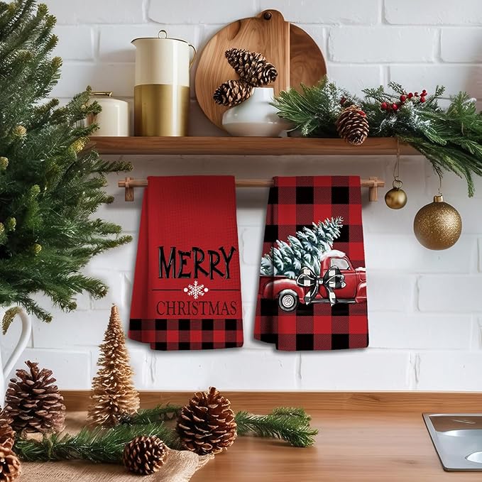 Christmas Kitchen Towels,Red Christmas Dish Towels Set of 2,Buffalo Check Plaid Tea Towels for Kitchen,Christmas Hand Towels for Bathroom,Gifts for Women,Housewarming Gifts 16×24 Inches