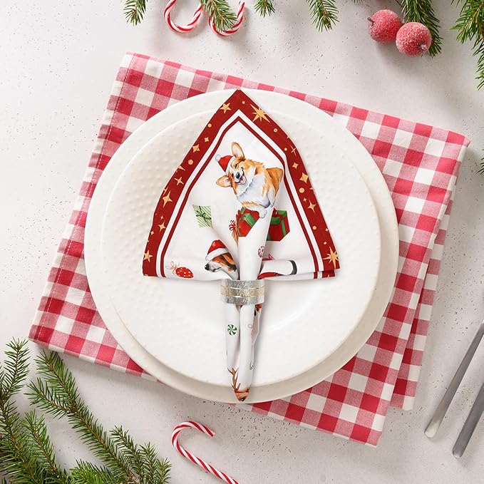 Christmas Dog Napkins, 18×18 Inch Dinner Cloth Napkins Set of 4, Washable Cotton Soft Absorbent Square Table Top Decoration for Dining Kitchen Party Wedding