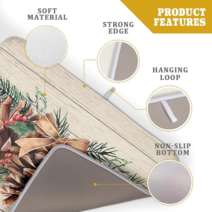 Winter Pine Cone Dish Drying Mat Holly Berries Dish Draining Mat Microfiber Washable Dish Drainer Rack Mat for Home Kitchen Counter 18"x24"