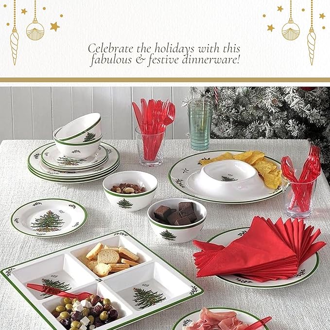 Spode Christmas Tree Melamine Chip & Dip - 14-Inch Serving Platter for Cheese, Appetizers, Chips, Salsa - Durable, Shatterproof, Dishwasher Safe - Ideal for Indoor & Outdoor Holiday Entertaining