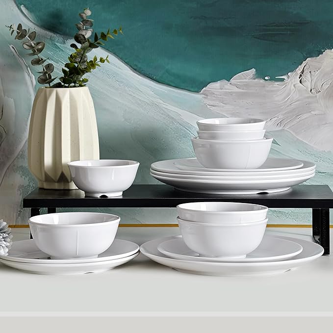 16Pcs Melamine Dinnerware Sets, Plates and Bowls Sets for 4, Lightweight and Unbreakable Dish Set for Camping, Picnic,RV, Dishwasher Safe,BPA Free