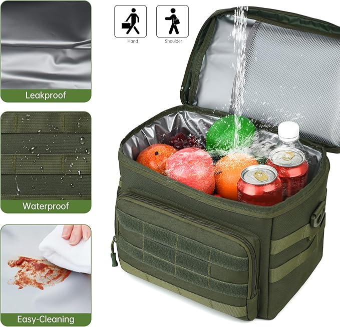 Tactical Lunch Box for Men, Insulated Lunchbox Waterproof Leakproof Cooler Lunch Bag for Work Outdoor Picnic, 24 Cans/15 L, Green