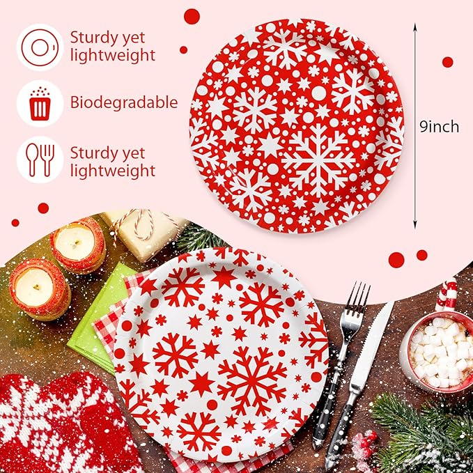 Zhehao 100 Pcs Christmas Paper Plates 9 Inch Disposable Plates Bulk Red and White Snowflake Christmas Party Decoration for Xmas Candy Dinner Plate Party Wedding Event Supplies