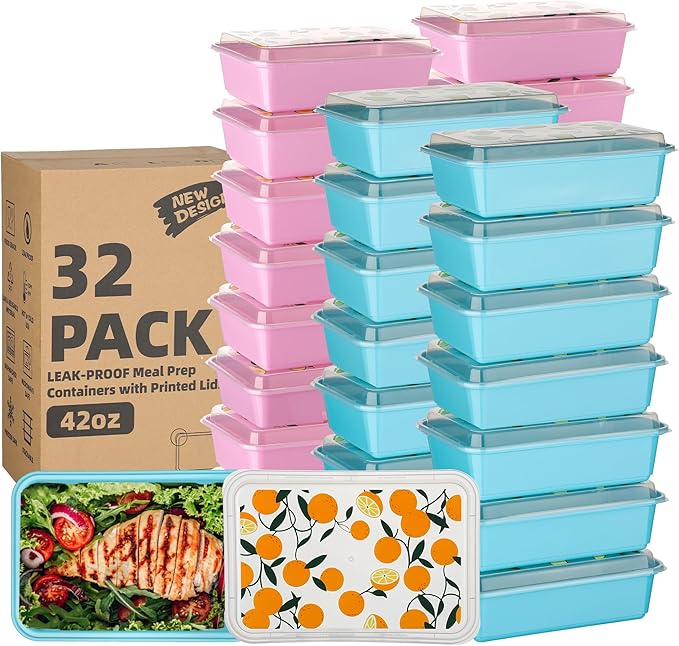32 Pack 42 oz Meal Prep Containers, Reusable Plastic Food Prep Storage Containers with Printed Lids, Stackable, Leakproof, Microwave & Freezer & Dishwasher Safe,To Go Take Out Box, Orange
