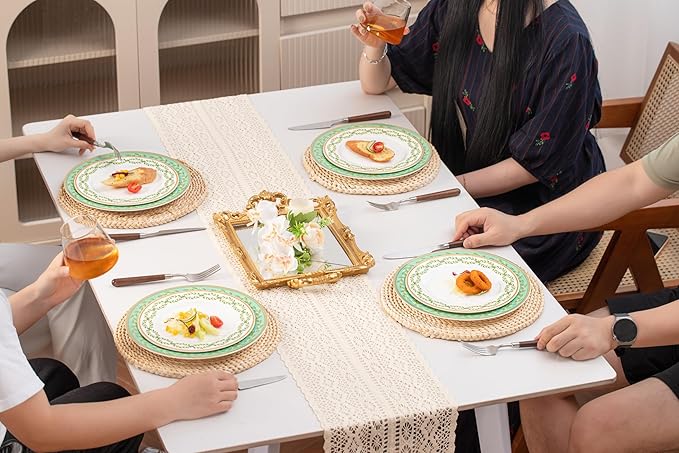 12-Piece Bone China Dinnerware Set with Gold Rim, Handcrafted Jingdezhen Design, Glazed Inner Patterns, Service for 4 – Green Collection