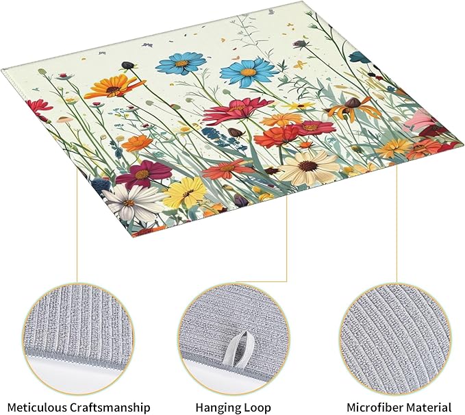 Butterfly Flowers Dish Drying Mat 16x18 Inch, Microfiber Absorbent Fast Dry Mat Daisy Floral Large Dish Mat Drying Kitchen Mat, Kitchen Drying Pad for Kitchen Counter Coffee Bar Decor Gifts