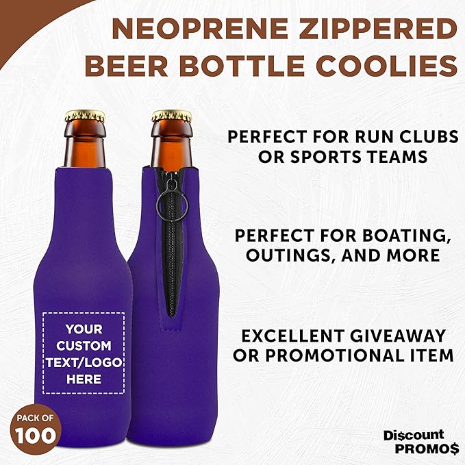 100 Neoprene Zippered Beer Bottle Coolies Pack - Customizable Text, Logo - Sharkskin Rubber Bottom - Purple