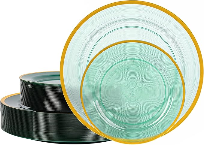 120PCS Green Plastic Plates with Gold Rim, Heavy Duty Disposable Plate, Fancy and Elegant Circular Ribbed 60 Dinner and Dessert Plates for Party, Weddings