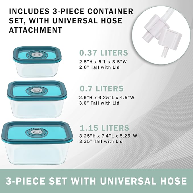 Avid Armor BPA-Free Borosilicate Glass Vacuum Containers, Set of 3 (12.5 oz, 23.7 oz, 38.9 oz) – Green SAN Lid with Date Coding, Works with Most Vacuum Sealers for Dry Goods & Marinating Includes Hose