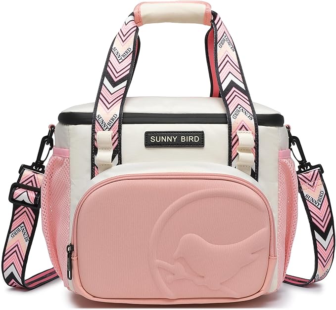 SUNNY BIRD 12L Large Insulated Lunch Bag, Leakproof and Foldable Lunch Cooler Box for Women Adult and Men, Fits 18 Cans (White and pink)