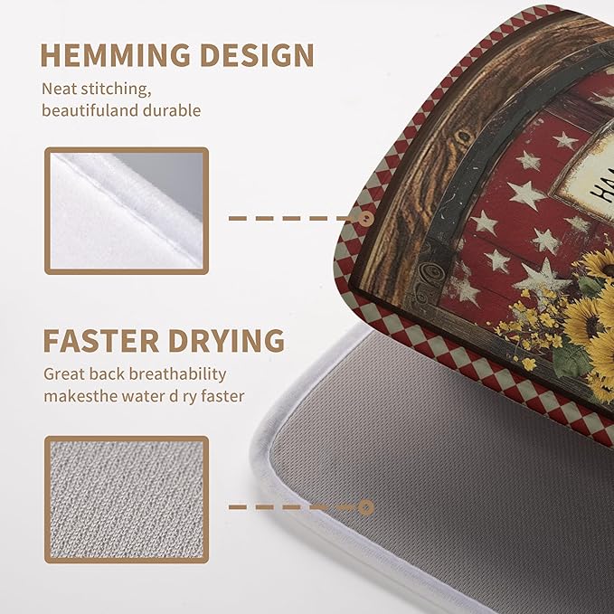 Vintage Rooster Dish Drying Mat Farmhouse Summer Sunflower Kitchen Dish Drying Pad Absorbent Fall Dish Dryer Mat for Kitchen Countertops Microfiber Dishes Drainer Pad Dish Drying Rack Mat (18x24 in)