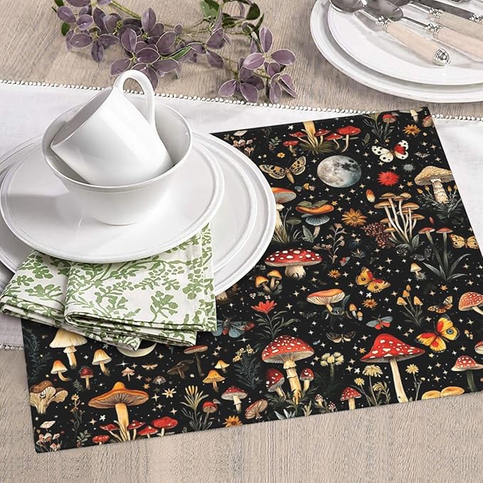 Black Forest Mushroom Butterfly Dish Drying Mats, Absorbent Microfiber Cute Decorative Kitchen Counter Mat, 16 x 18 inch, Washable, Reusable, Foldable for Dishes Utensils, Small Appliances, Home Decor