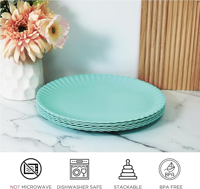 TP 10.5 inch Melamine Dinner Plates Set of 6, Lightweight Serving Round Salad Appetizer Plate for 6, Dessert Dishes for Indoors and Outdoors, Teal