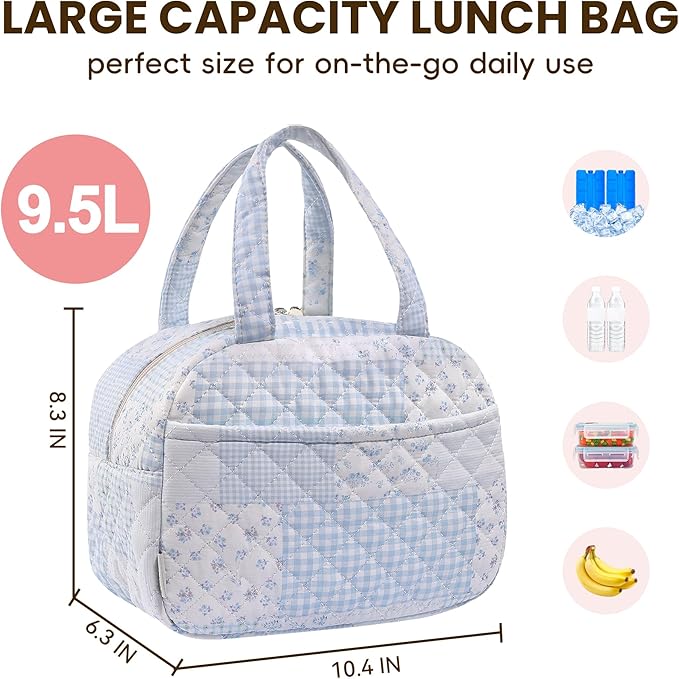 Quilted Lunch Box for Women,Insulated Cute Reusable Lunch Bag with Front Pocket,Pink Flower Stylish Lunch Tote Bag for Work, Office,Picnic, Travel,School (green blue pin)