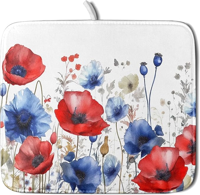 Poppy Flower Dish Drying Mat 16x18 for Kitchen Memorial Independence Day 4th of July USA Red Blue Flower Dishes Dry Pad Drainer Rack Mats Absorbent Hanging Loop Kitchen Accessories