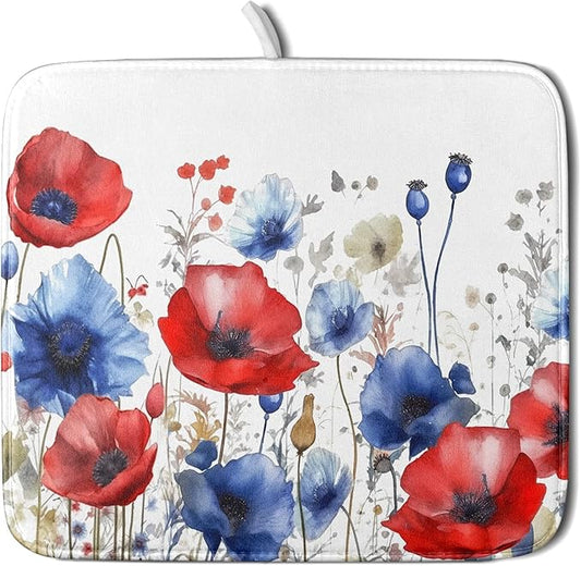 Poppy Flower Dish Drying Mat 16x18 for Kitchen Memorial Independence Day 4th of July USA Red Blue Flower Dishes Dry Pad Drainer Rack Mats Absorbent Hanging Loop Kitchen Accessories